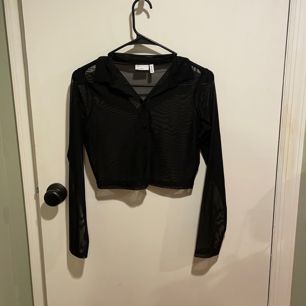 Black cropped mesh button top